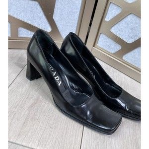 Prada Black Slip On  Pumps Heels Square Toe 35.5 Us 5 5.5  Black Leather